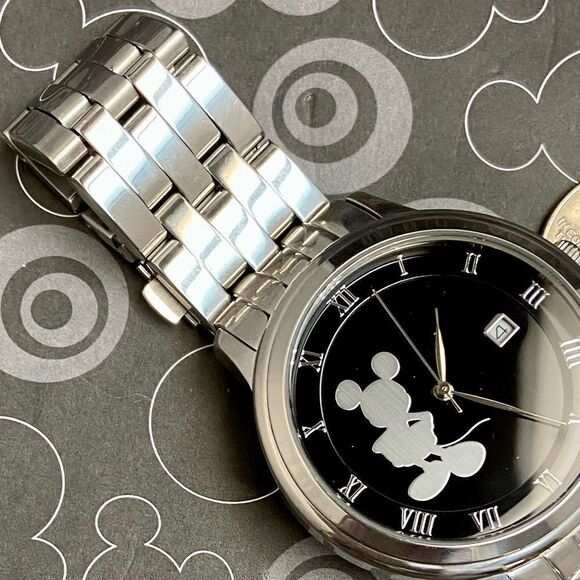 Disney Time Works All Stainless Steel Mickey Mouse Silhouette Dial Unisex Watch - Picture 10 of 14